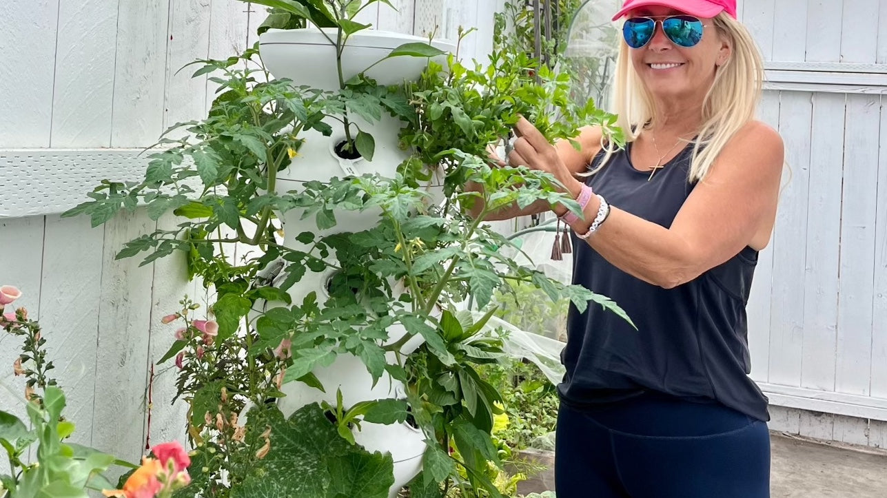 Woman harvesting herbs from a garden tower