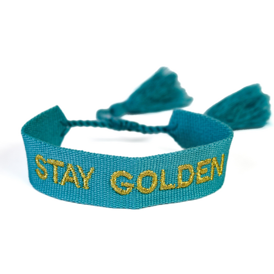 Teal "Stay Golden" Woven Fabric Festival Bracelet