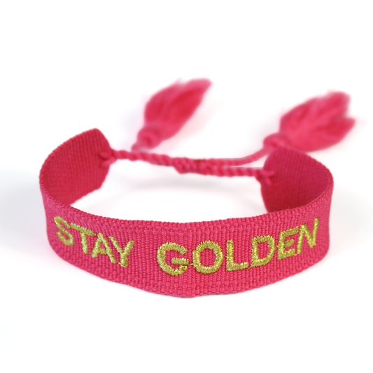 Bright Pink "Stay Golden" Woven Festival Bracelet