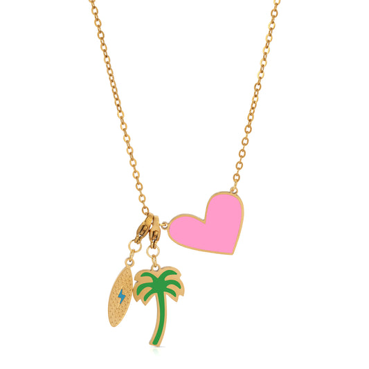 Pink Heart Enamel Charm Necklace with Palm Tree and Surfboard