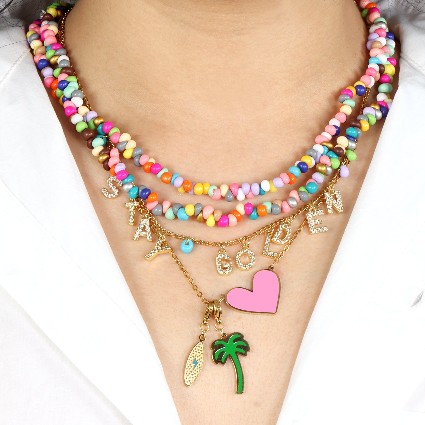 Pink Heart Enamel Charm Necklace with Palm Tree and Surfboard