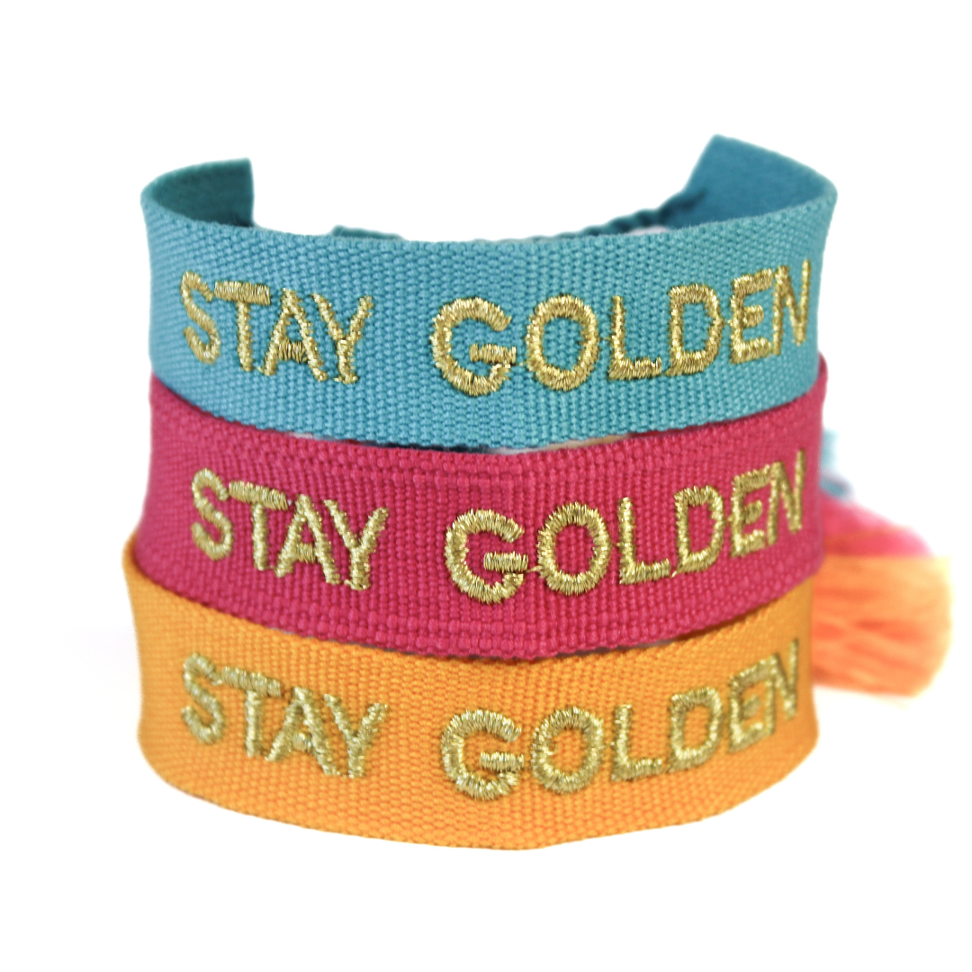 Teal "Stay Golden" Woven Fabric Festival Bracelet