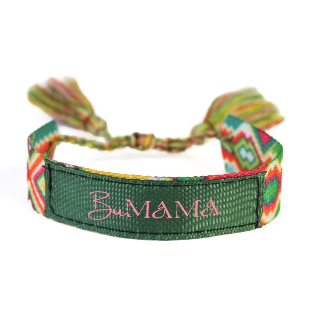 BuMama Woven Festival Bracelet featuring vibrant multi-colored woven cotton