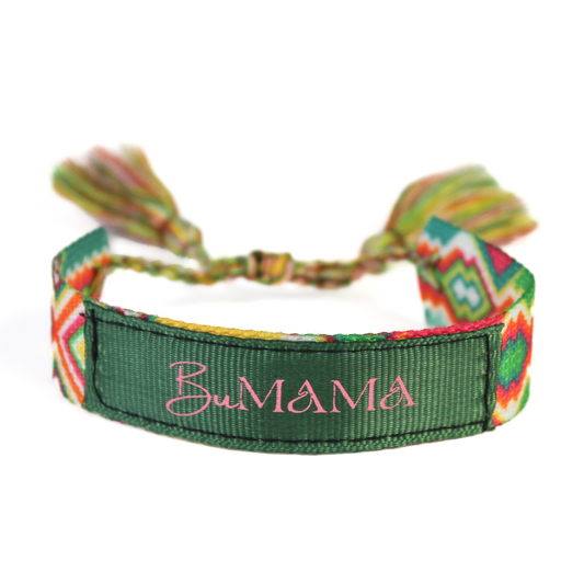 BuMama Woven Festival Bracelet featuring vibrant multi-colored woven cotton