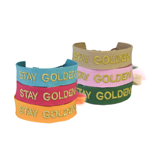 Embroidered "Stay Golden" Woven Festival Bracelet